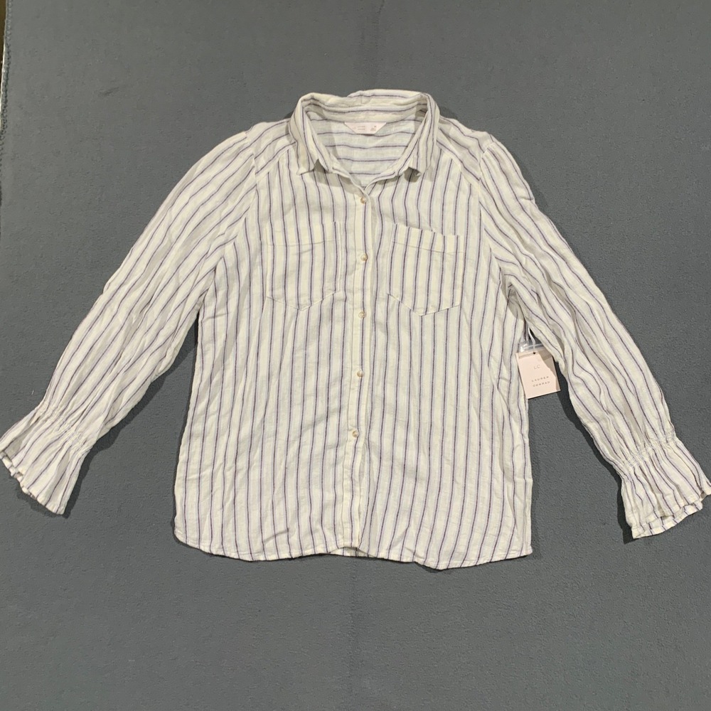 New Womens M Linen Blend Striped Flare Sleeve Button Down Shirt LC Lauren Conrad